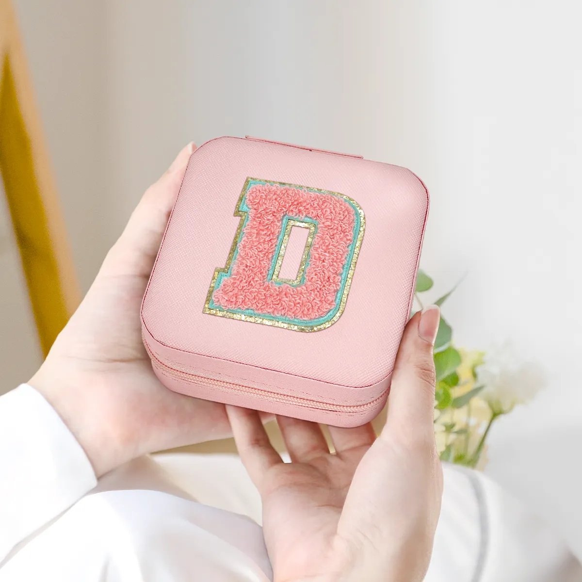 Personalized Jewelry Box, Pink Travel Jewelry Box with Initial D, Small Monogrammed Jewelry Case Organizer for Girls Women Teen Kids, Mini Travel Essentials Gifts for Birthday Christmas