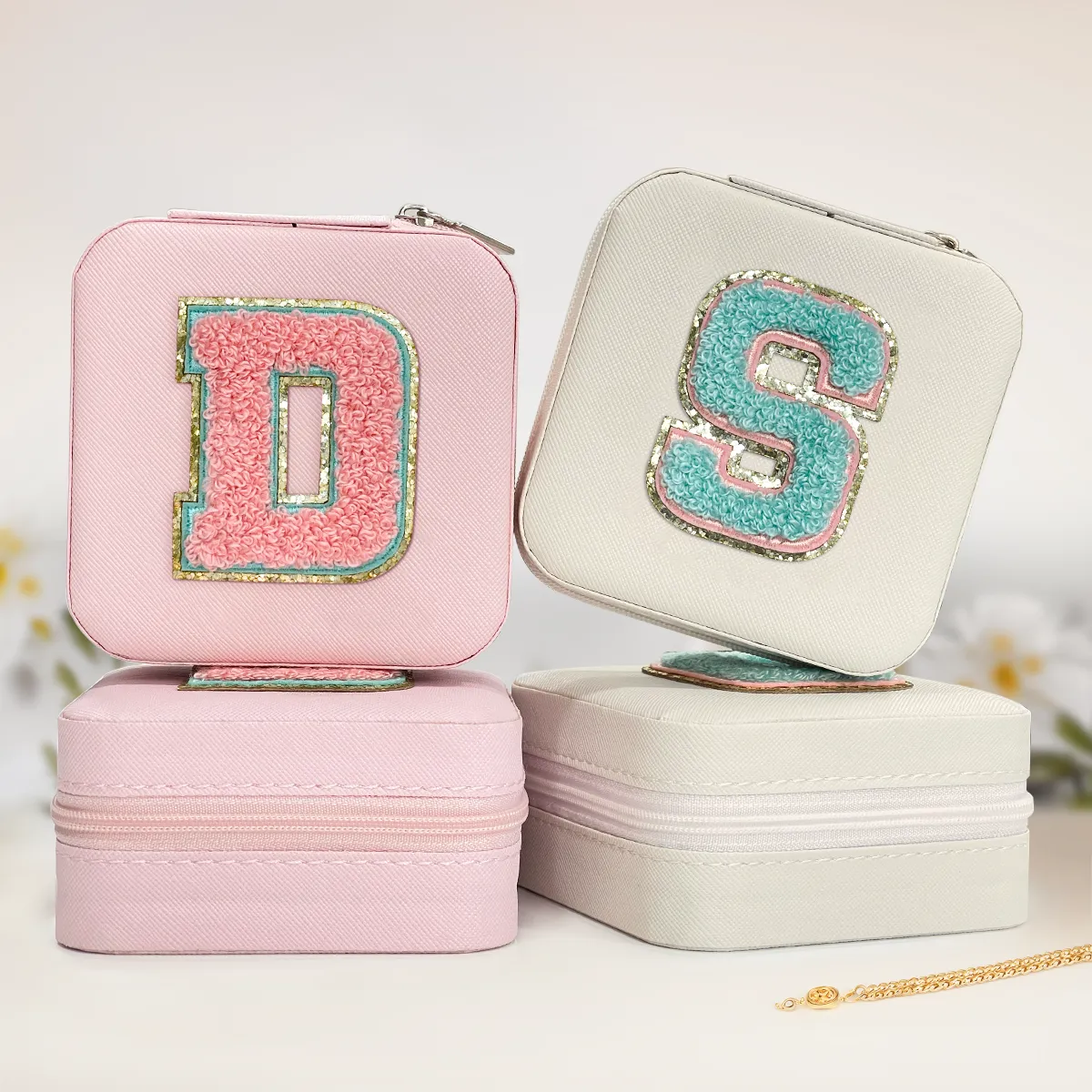 Personalized Jewelry Box, Pink Travel Jewelry Box with Initial D, Small Monogrammed Jewelry Case Organizer for Girls Women Teen Kids, Mini Travel Essentials Gifts for Birthday Christmas