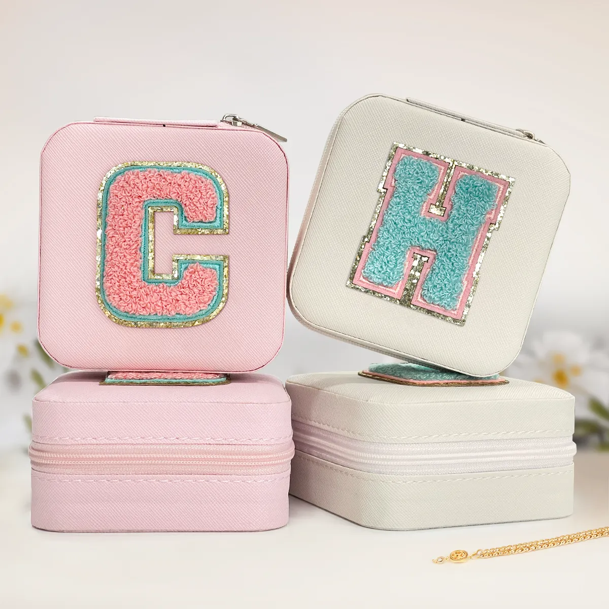 Personalized Jewelry Box, Pink Travel Jewelry Box with Initial H, Small Monogrammed Jewelry Case Organizer for Girls Women Teen Kids, Mini Travel Essentials Gifts for Birthday Christmas