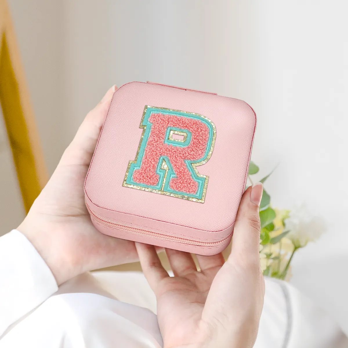 Personalized Jewelry Box, Pink Travel Jewelry Box with Initial R, Small Monogrammed Jewelry Case Organizer for Girls Women Teen Kids, Mini Travel Essentials Gifts for Birthday Christmas