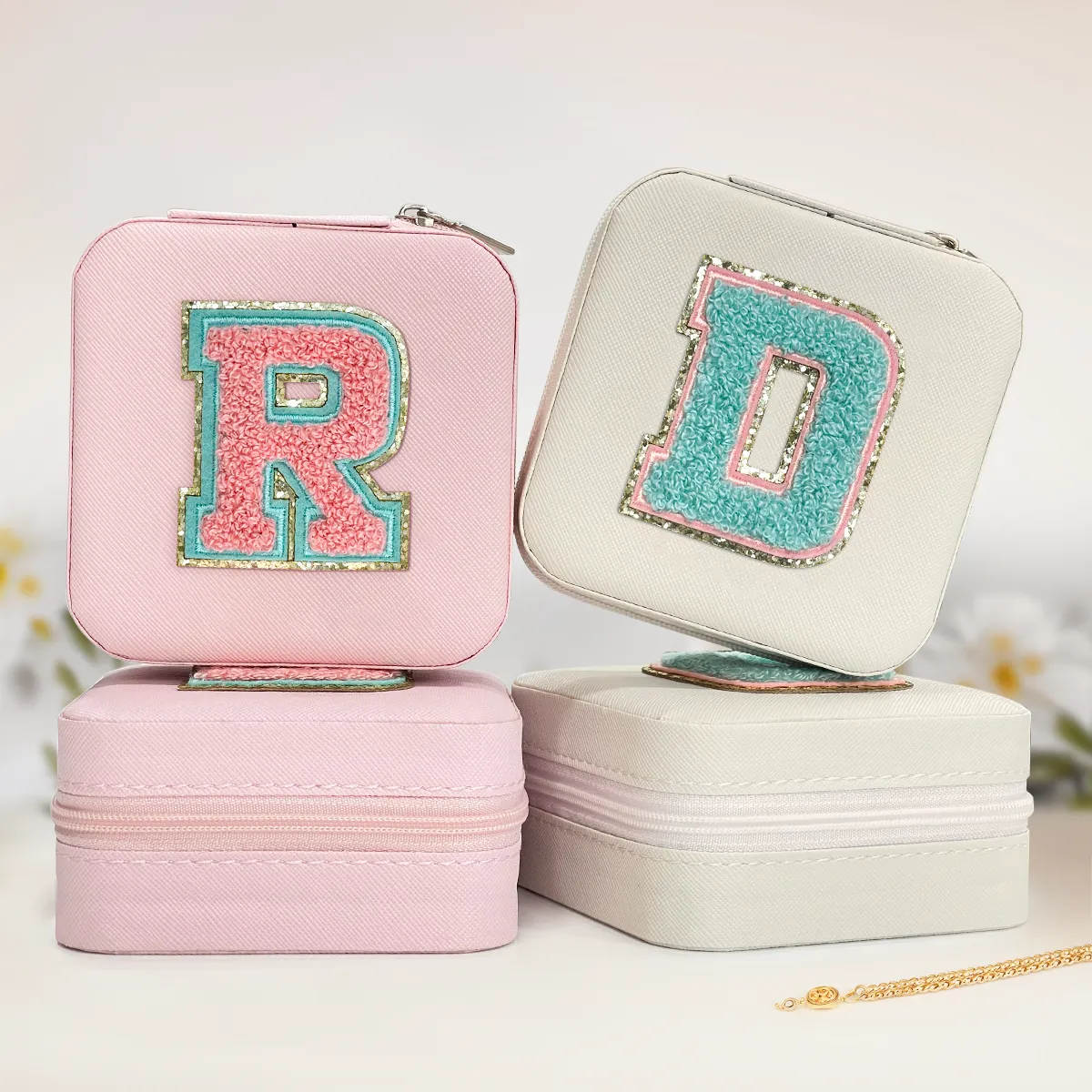 Personalized Jewelry Box, Pink Travel Jewelry Box with Initial R, Small Monogrammed Jewelry Case Organizer for Girls Women Teen Kids, Mini Travel Essentials Gifts for Birthday Christmas
