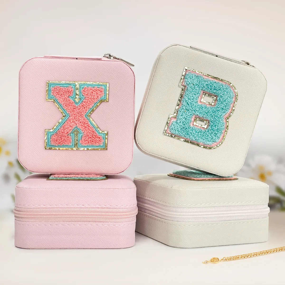 Personalized Jewelry Box, Pink Travel Jewelry Box with Initial X, Small Monogrammed Jewelry Case Organizer for Girls Women Teen Kids, Mini Travel Essentials Gifts for Birthday Christmas
