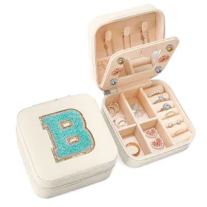 Personalized Jewelry Box, White Travel Jewelry Box with Initial B, Small Monogrammed Jewelry Case Organizer for Girls Women Teen Kids, Mini Travel Essentials Gifts for Birthday Christmas