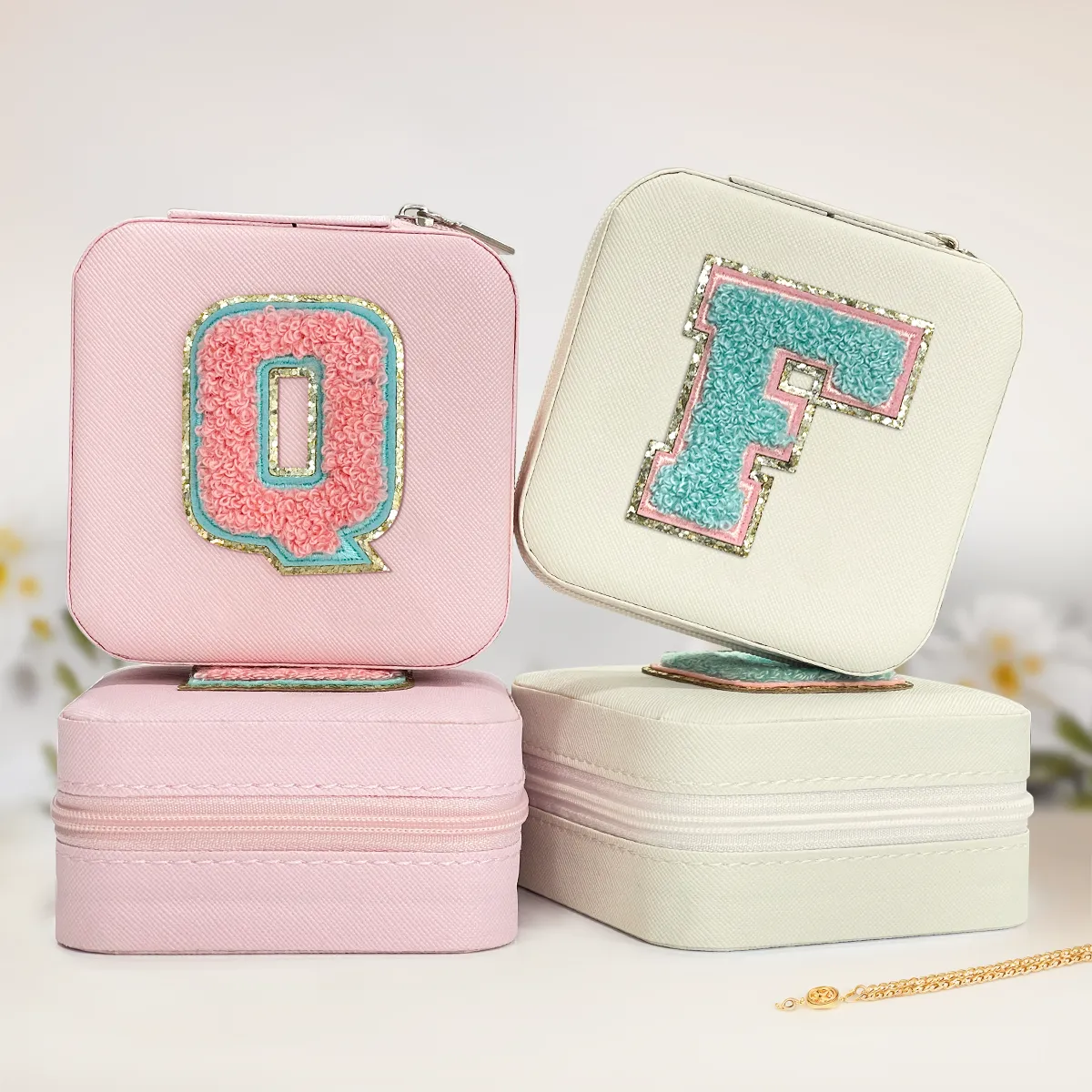 Personalized Jewelry Box, White Travel Jewelry Box with Initial F, Small Monogrammed Jewelry Case Organizer for Girls Women Teen Kids, Mini Travel Essentials Gifts for Birthday Christmas