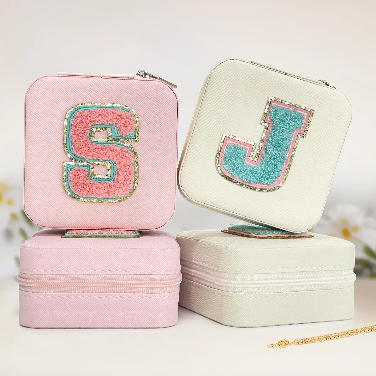 Personalized Jewelry Box, White Travel Jewelry Box with Initial J, Small Monogrammed Jewelry Case Organizer for Girls Women Teen Kids, Mini Travel Essentials Gifts for Birthday Christmas