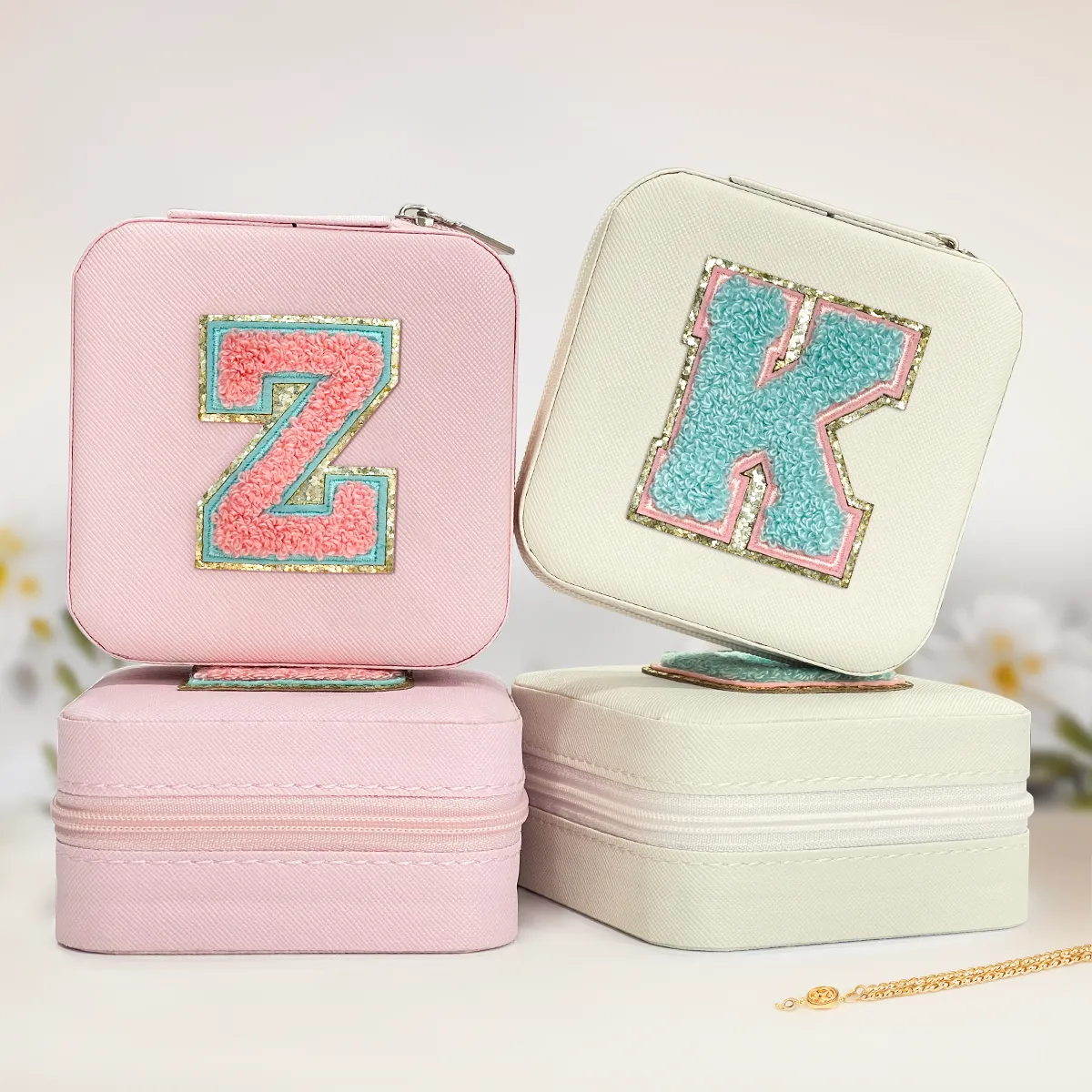 Personalized Jewelry Box, White Travel Jewelry Box with Initial K, Small Monogrammed Jewelry Case Organizer for Girls Women Teen Kids, Mini Travel Essentials Gifts for Birthday Christmas