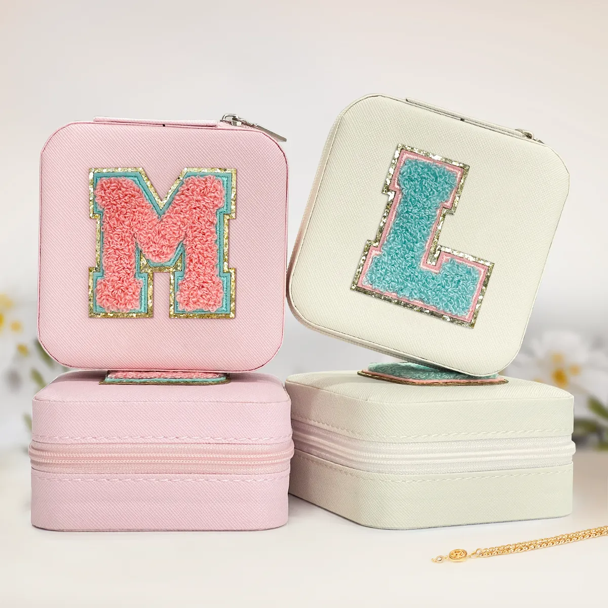 Personalized Jewelry Box, White Travel Jewelry Box with Initial L, Small Monogrammed Jewelry Case Organizer for Girls Women Teen Kids, Mini Travel Essentials Gifts for Birthday Christmas