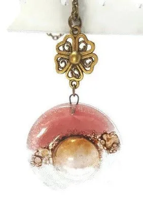 Pink, Brown and Clear pendant. Handmade Recycled Fused Glass Necklace. Long pendant.