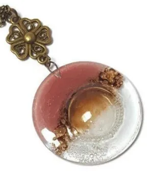 Pink, Brown and Clear pendant. Handmade Recycled Fused Glass Necklace. Long pendant.