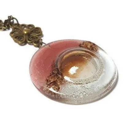Pink, Brown and Clear pendant. Handmade Recycled Fused Glass Necklace. Long pendant.