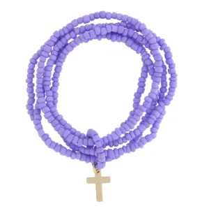Purple Beaded Bracelet Set w/Cross Charm