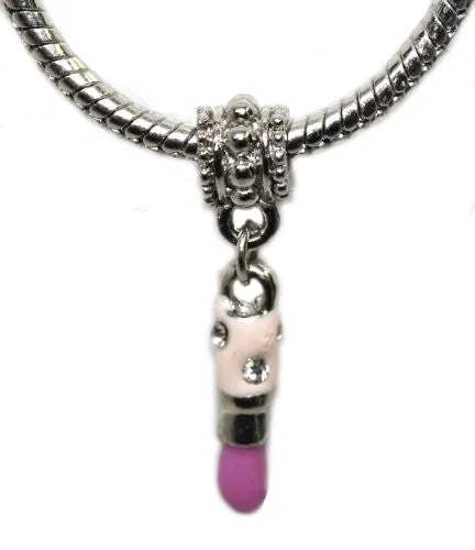 Purple Enamel  Rhinestone Lipstick Dangle Bead European Bead Compatible for Most European Snake Chain Charm Bracelet
