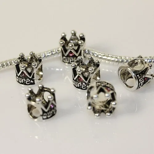 Queen Crown with Pink Crystals Charm European Bead Compatible for Most European Snake Chain Bracelet