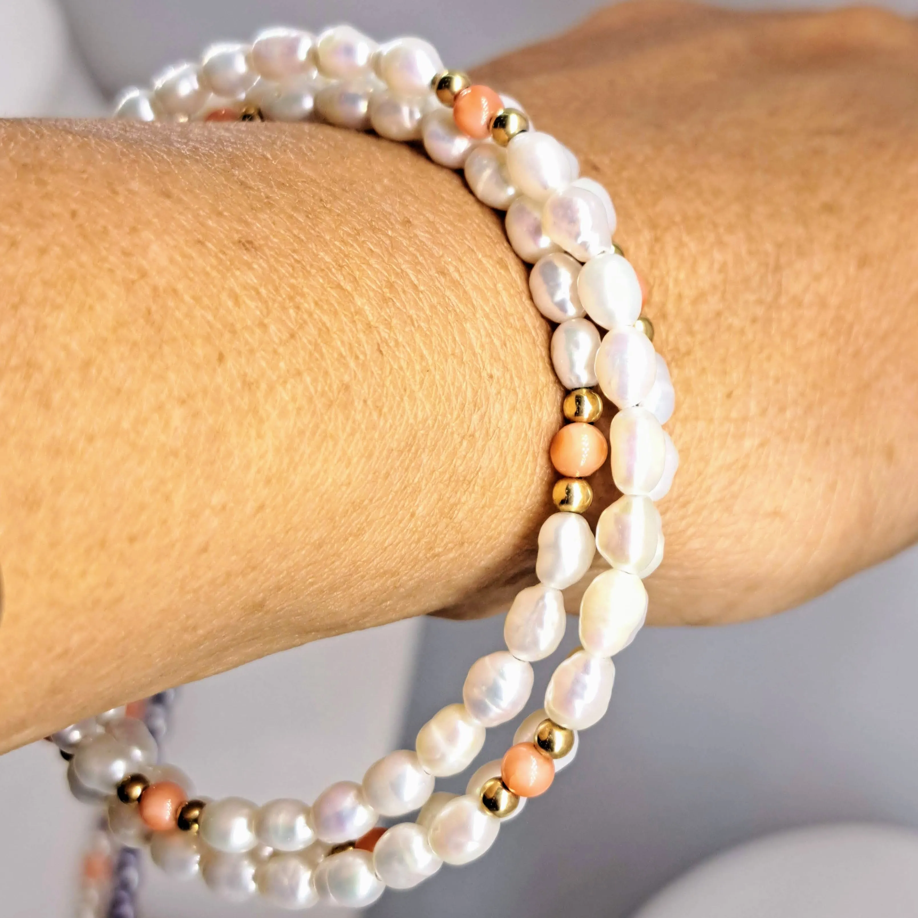 "Angel Food" Free Size Bracelet - Pearls, Coral, 14K Gold