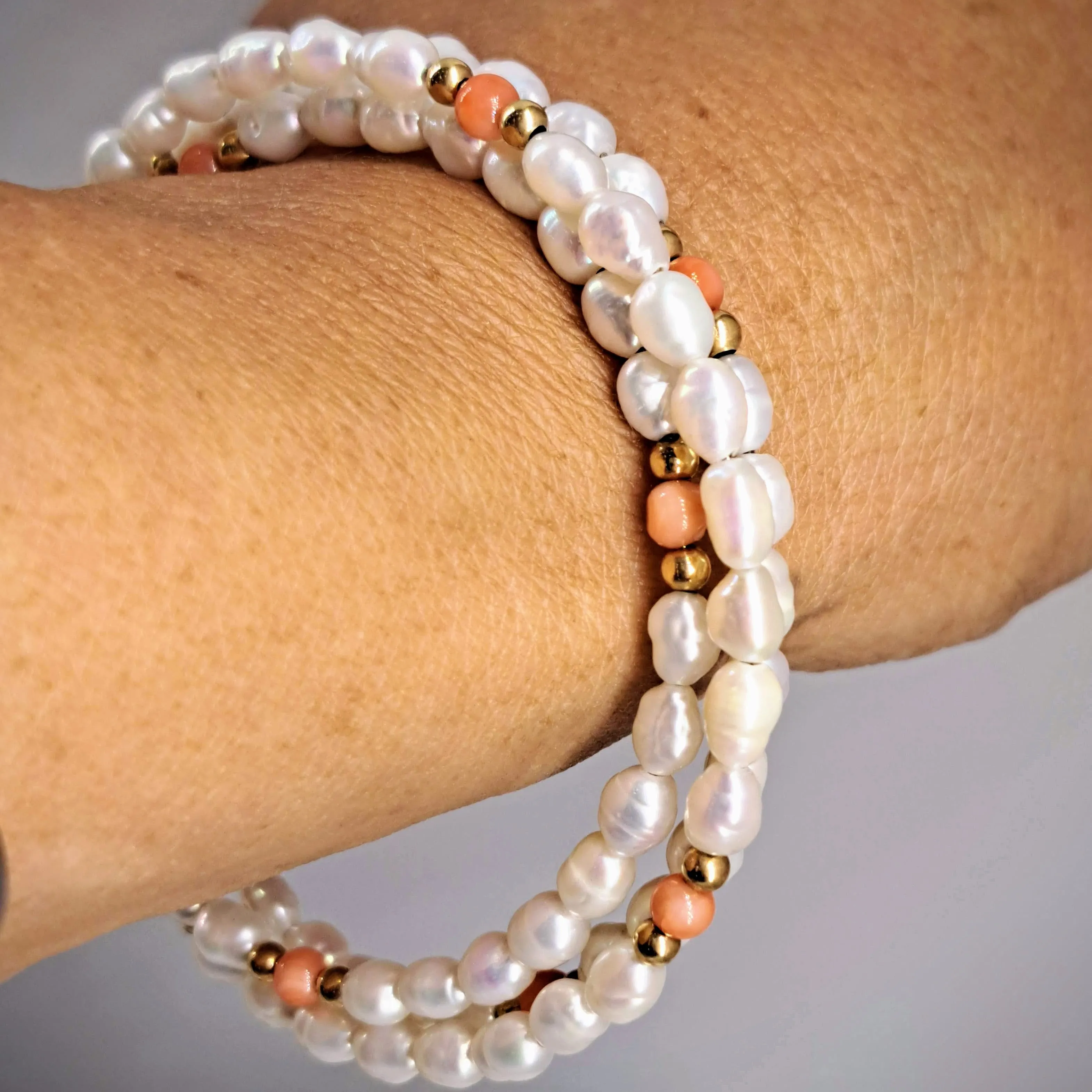 "Angel Food" Free Size Bracelet - Pearls, Coral, 14K Gold