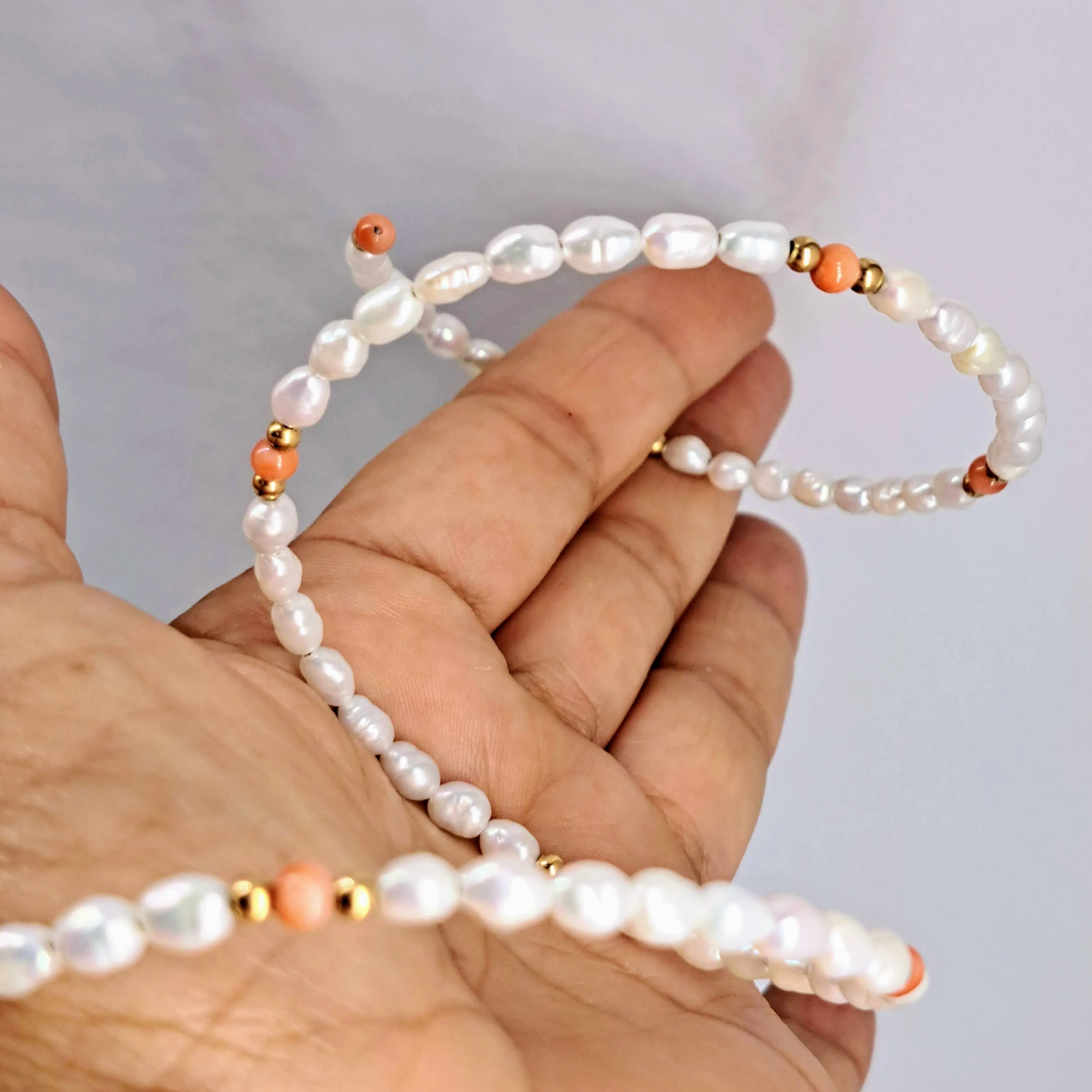 "Angel Food" Free Size Bracelet - Pearls, Coral, 14K Gold
