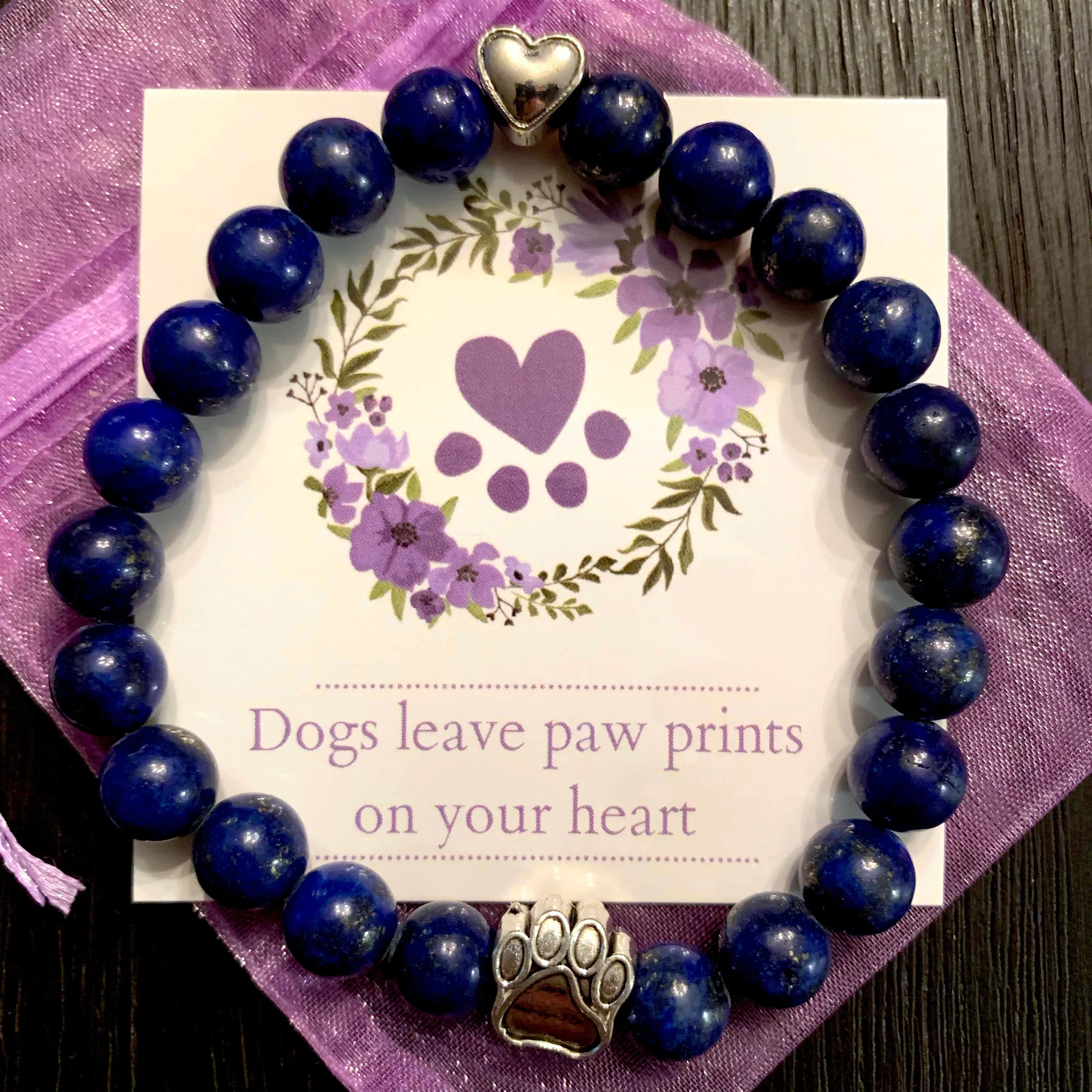 "Forever In My Heart" Lapis Bead Bracelet (Heart Charm)