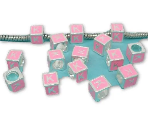 "K" Letter Square Charm Beads Pink Enamel European Bead Compatible for Most European Snake Chain Charm Braceletss