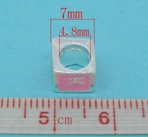 "K" Letter Square Charm Beads Pink Enamel European Bead Compatible for Most European Snake Chain Charm Braceletss