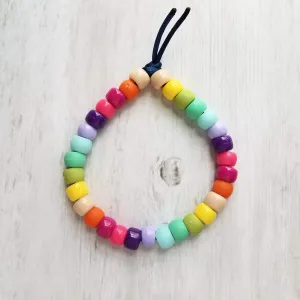 Rainbow Bracelet, large chunky bracelet, pony bead bracelet, tie on cord, cord bracelet, faux stone bracelet, faux glass beads, happy color