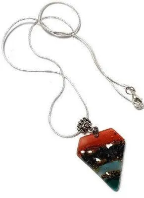 Red, Blue, teal and Brown Fused Glass Pendant. Recycled Glass Necklace