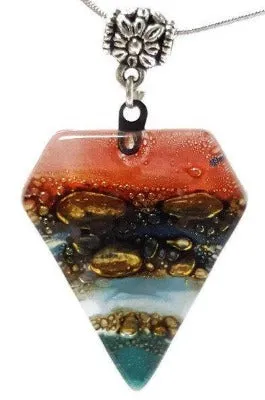 Red, Blue, teal and Brown Fused Glass Pendant. Recycled Glass Necklace