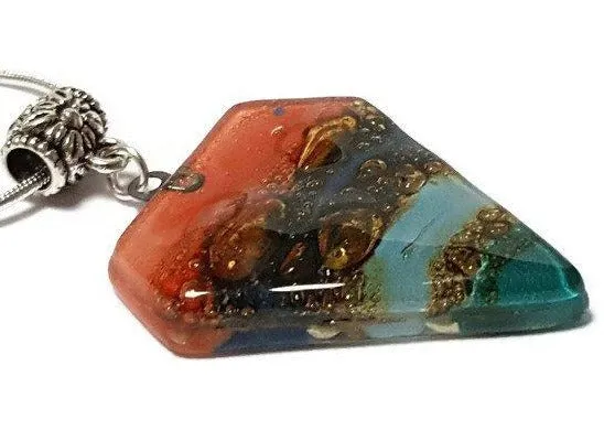 Red, Blue, teal and Brown Fused Glass Pendant. Recycled Glass Necklace