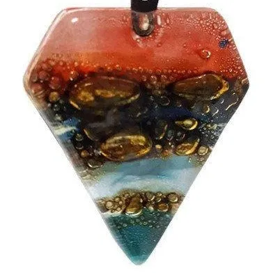 Red, Blue, teal and Brown Fused Glass Pendant. Recycled Glass Necklace