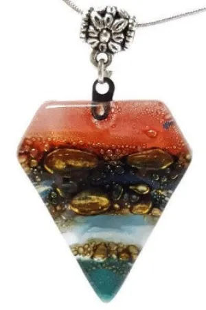 Red, Blue, teal and Brown Fused Glass Pendant. Recycled Glass Necklace