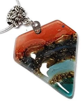 Red, Blue, teal and Brown Fused Glass Pendant. Recycled Glass Necklace