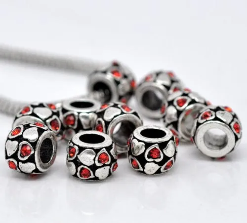 Red  Rhinestone Heart Charm European Bead Compatible for Most European Snake Chain Bracelet