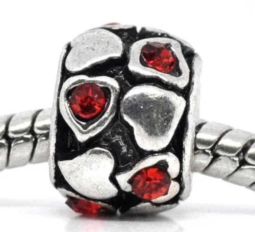 Red  Rhinestone Heart Charm European Bead Compatible for Most European Snake Chain Bracelet