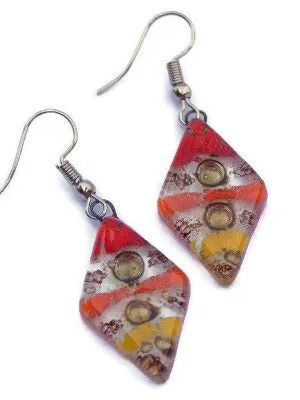 Red, Yellow and Orange Diamond Shaped Earrings. Fused glass Dangle Earrings.