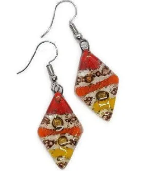 Red, Yellow and Orange Diamond Shaped Earrings. Fused glass Dangle Earrings.