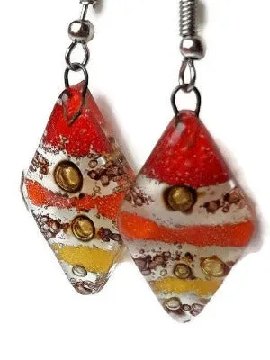 Red, Yellow and Orange Diamond Shaped Earrings. Fused glass Dangle Earrings.