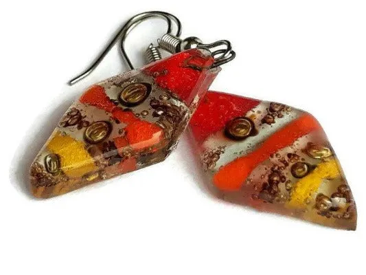Red, Yellow and Orange Diamond Shaped Earrings. Fused glass Dangle Earrings.