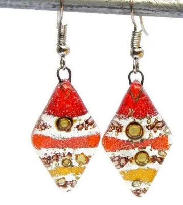 Red, Yellow and Orange Diamond Shaped Earrings. Fused glass Dangle Earrings.