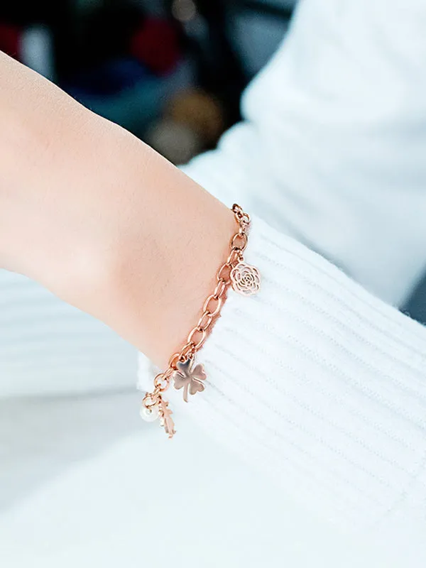 Rose Gold Titanium Steel Ppearl Bracelet Creative Camellia Pendant Stainless Steel Jewelry