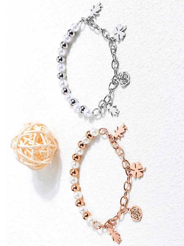 Rose Gold Titanium Steel Ppearl Bracelet Creative Camellia Pendant Stainless Steel Jewelry