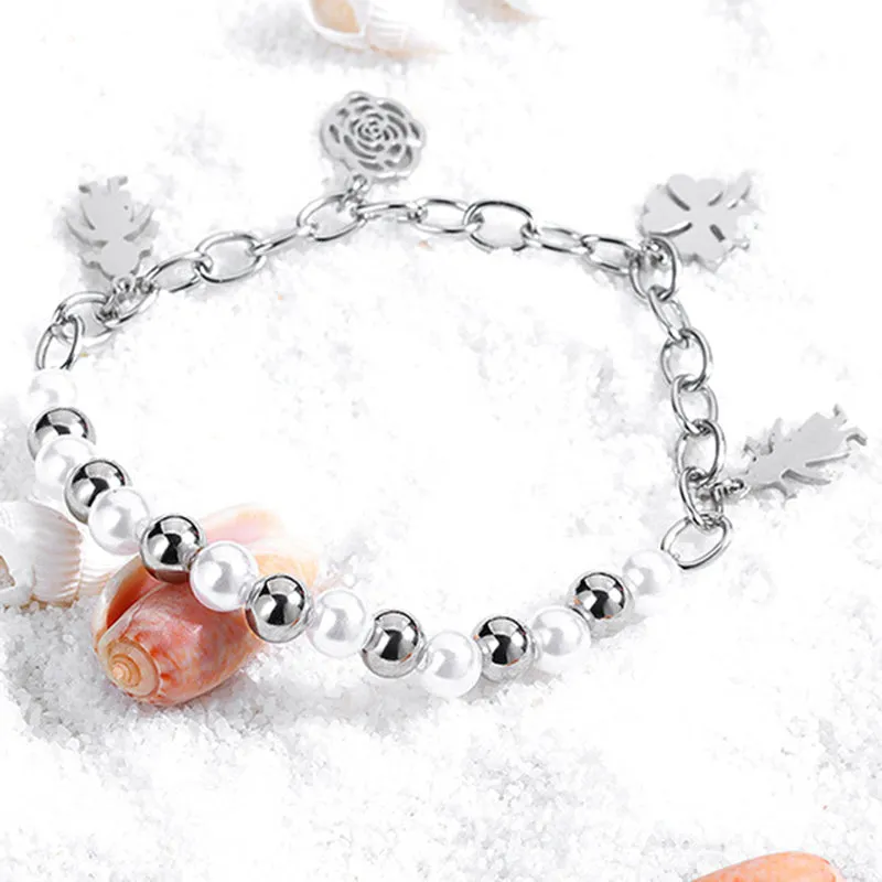 Rose Gold Titanium Steel Ppearl Bracelet Creative Camellia Pendant Stainless Steel Jewelry