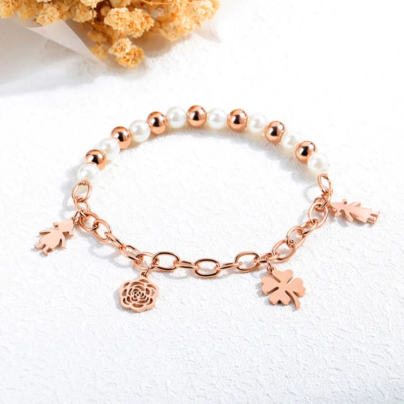 Rose Gold Titanium Steel Ppearl Bracelet Creative Camellia Pendant Stainless Steel Jewelry