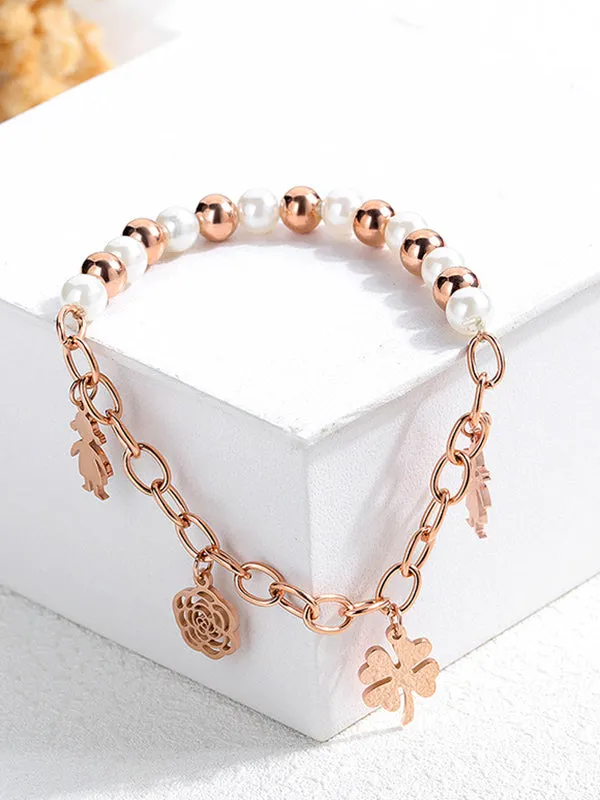 Rose Gold Titanium Steel Ppearl Bracelet Creative Camellia Pendant Stainless Steel Jewelry