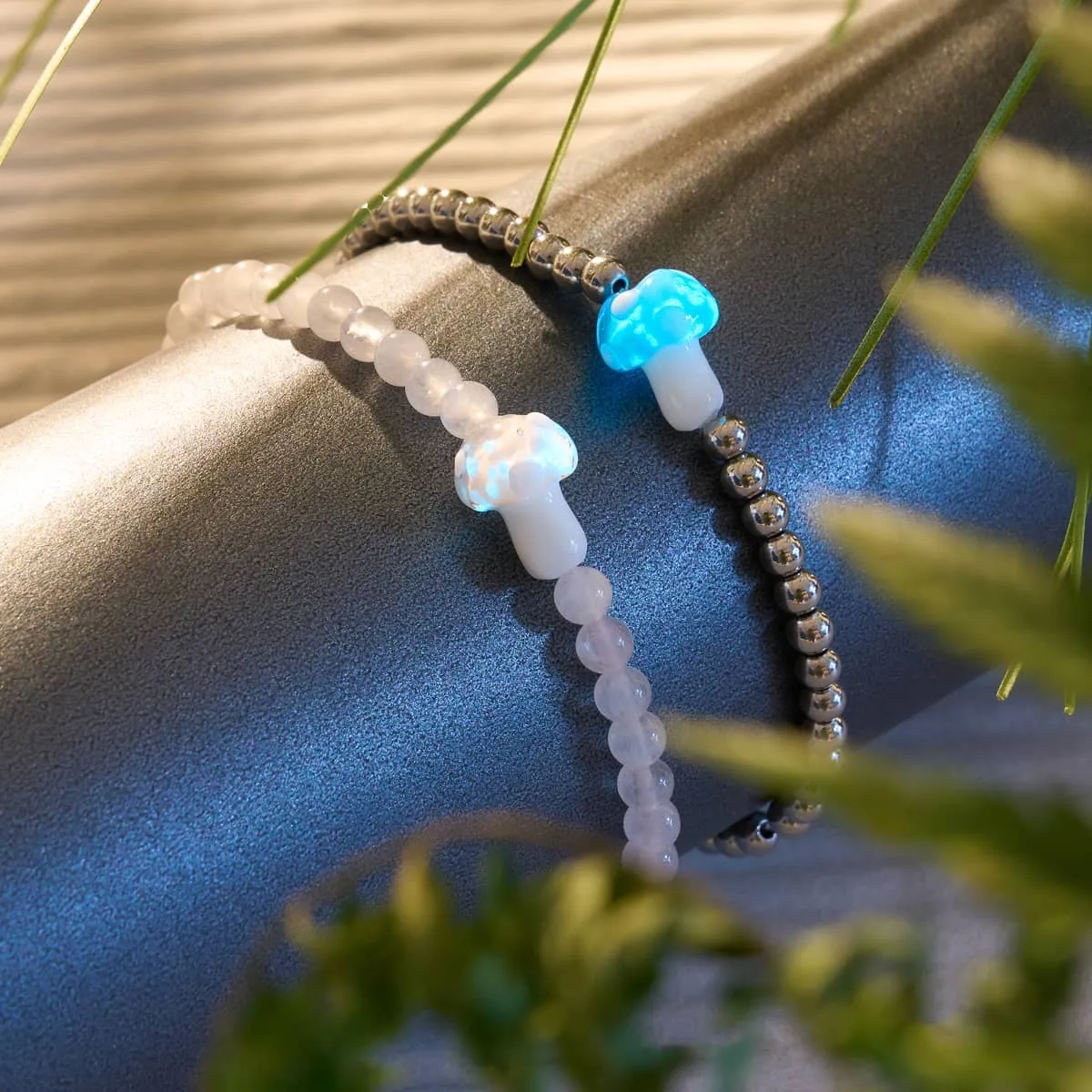 Rose Quartz | Silver | Firefly Glass Mushroom Gemstone Bracelet