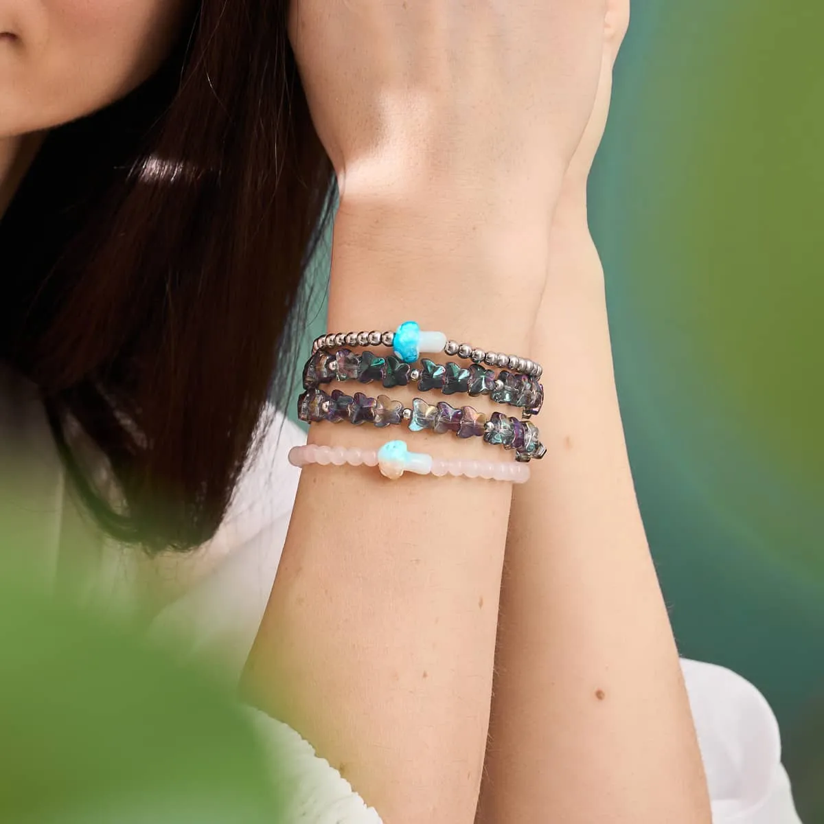 Rose Quartz | Silver | Firefly Glass Mushroom Gemstone Bracelet