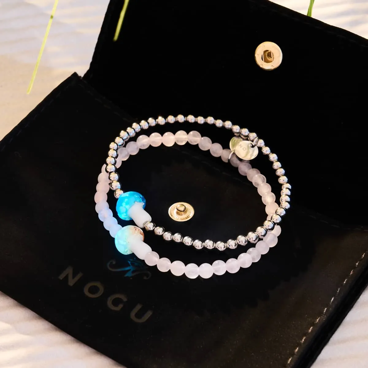 Rose Quartz | Silver | Firefly Glass Mushroom Gemstone Bracelet
