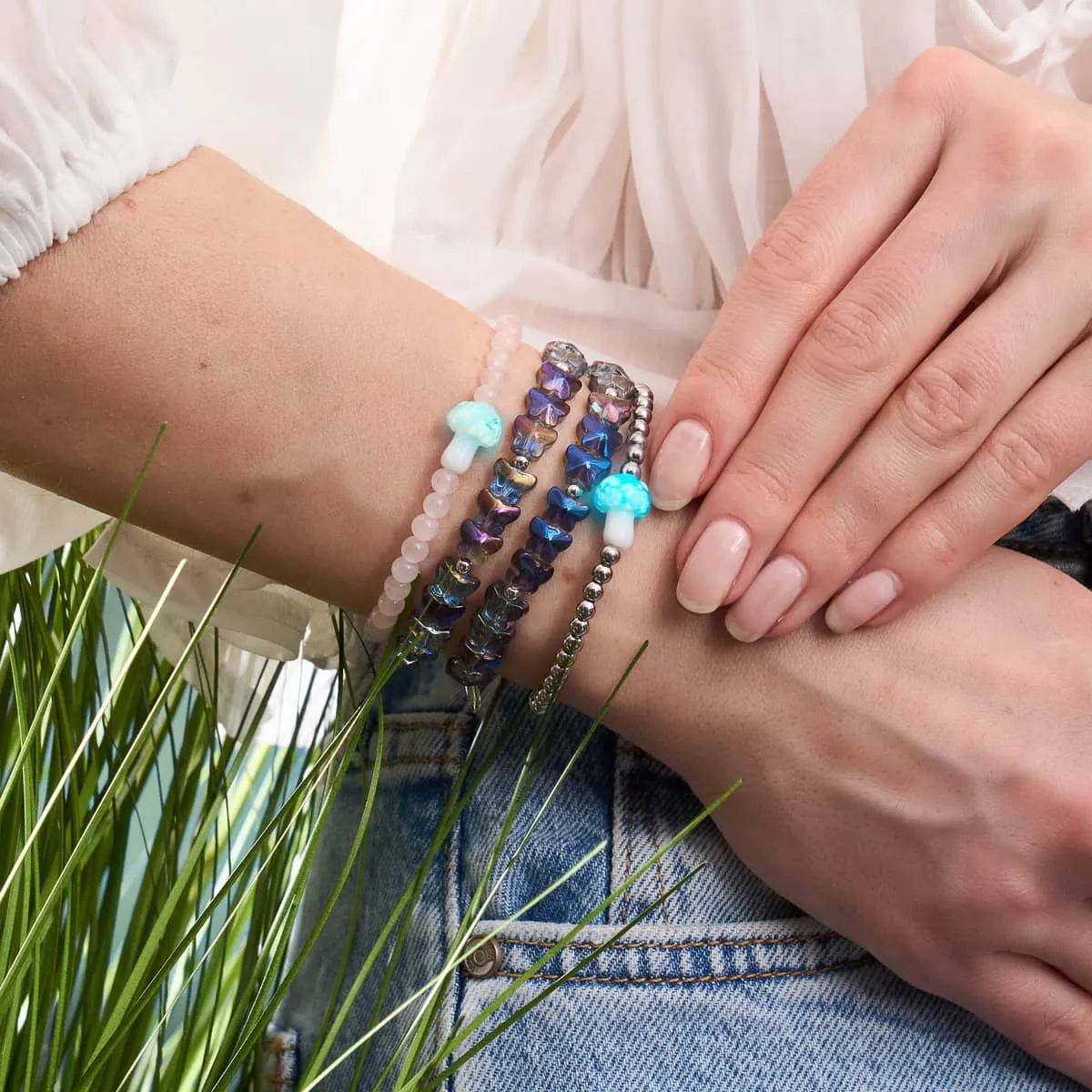 Rose Quartz | Silver | Firefly Glass Mushroom Gemstone Bracelet