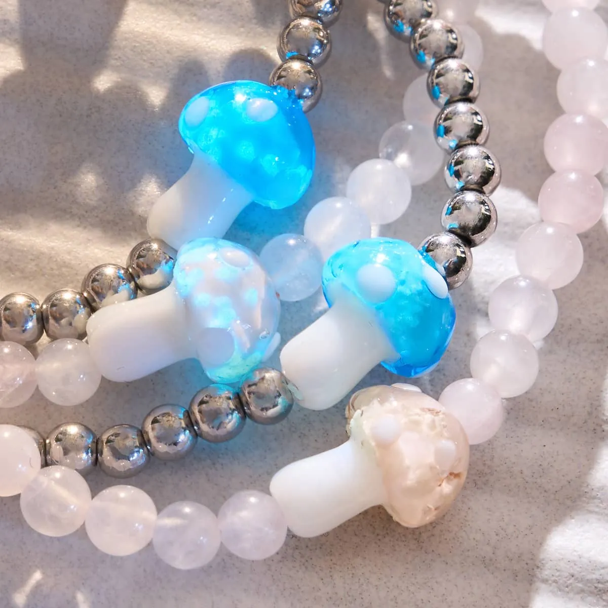 Rose Quartz | Silver | Firefly Glass Mushroom Gemstone Bracelet