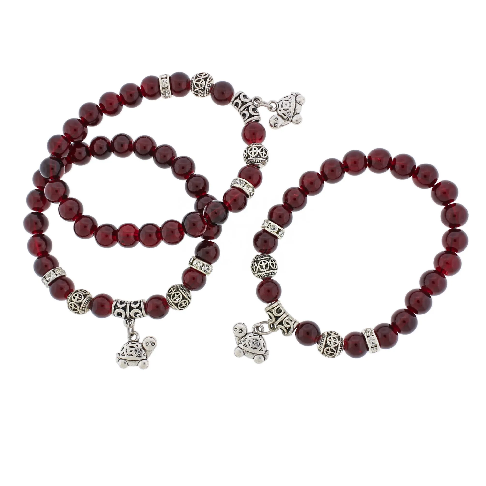 Round Glass Bead Bracelet 46mm - Red with Turtle Charm - 1 Bracelet - BB200