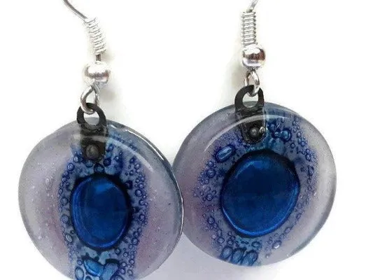 Round Lilac and Blue Dangle earrings. Recycled Fused Glass Drop Earrings. Dangle Earrings