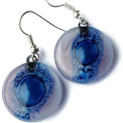 Round Lilac and Blue Dangle earrings. Recycled Fused Glass Drop Earrings. Dangle Earrings